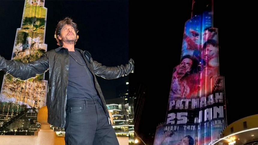 "Pathaan" on Burj Khalifa, SRK on his signature pose "Pathaan" on Burj Khalifa, SRK on his signature pose