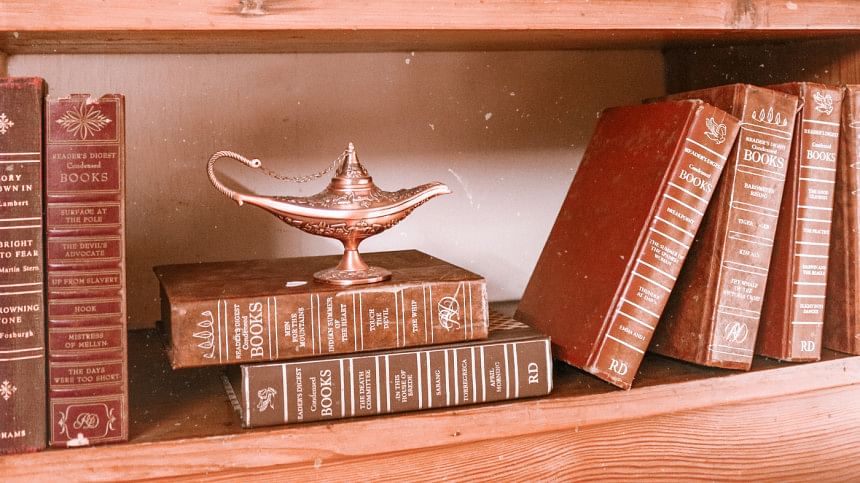 Assortment of random things on a shelf.