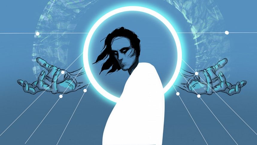 Hooded figure with ethereal elements in the background.
