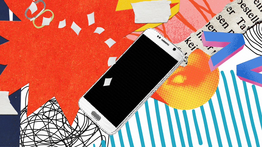 Collage consisting of a phone with other elements behind it representing the chaos of multitasking.
