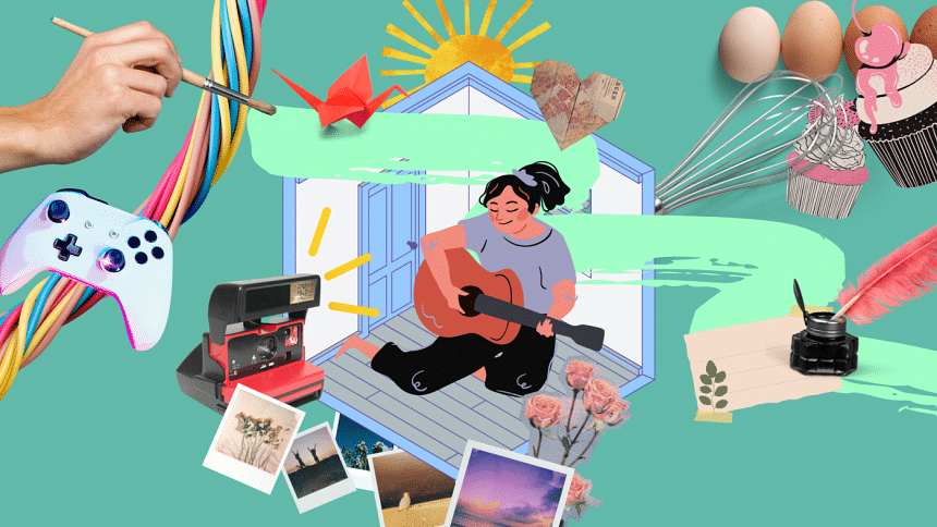 A girl surrounded by different displays of hobbies. A girl surrounded by different displays of hobbies.