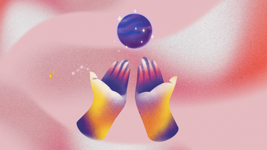Hands clasped in prayer, answering to a spiritual power.