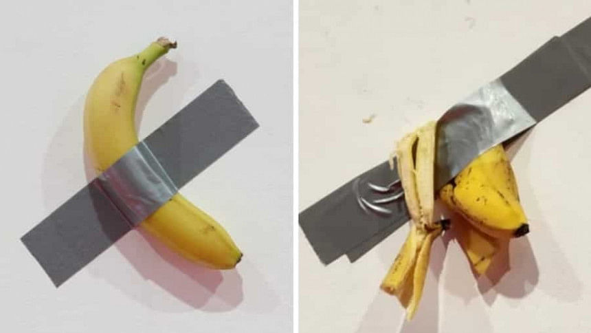Student eats banana artwork at Seoul museum Student eats banana artwork at Seoul museum