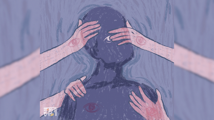 A number of hands placing their palms on a silhouette of a person.