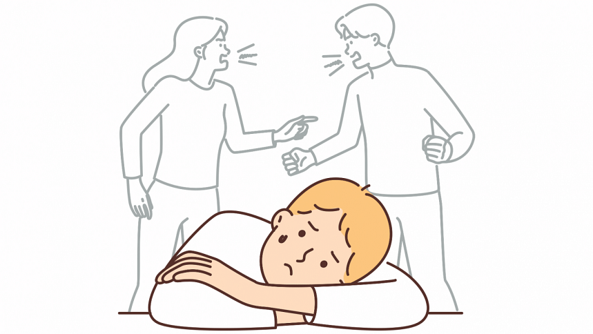 A child distressed due to his parents arguing.