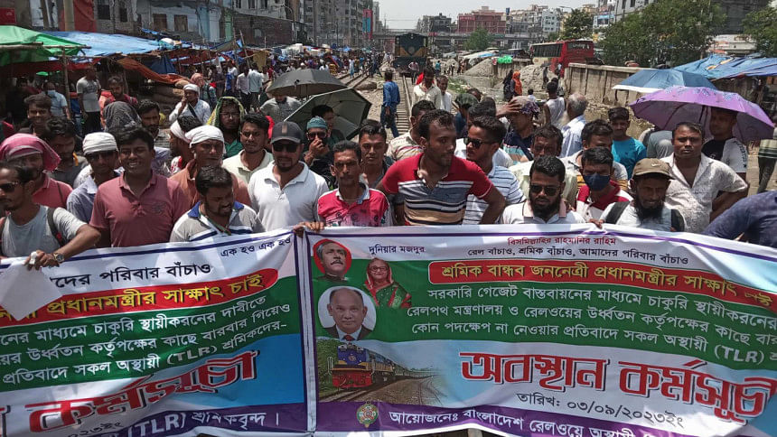 Railway workers block Malibagh level crossing; train services disrupted