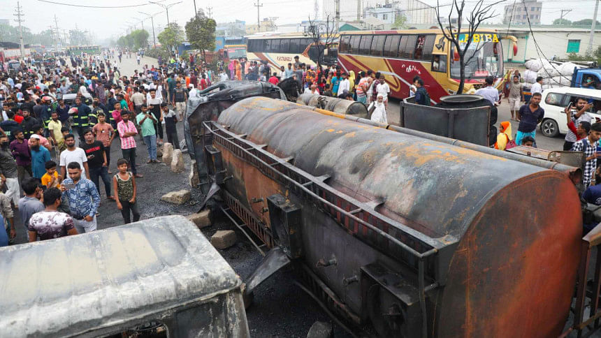 One killed as five vehicles catch fire after tank lorry overturns in Savar One killed as five vehicles catch fire after tank lorry overturns in Savar