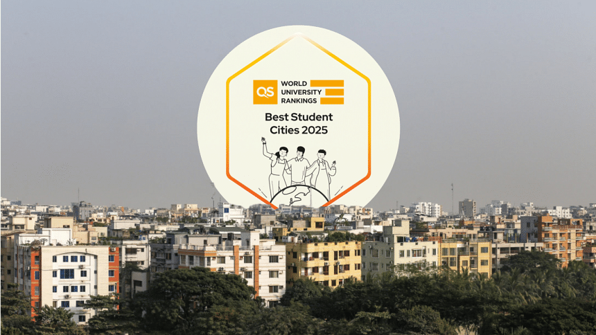 QS World Ranking "Best Student Cities 2025" Logo against the Dhaka cityscape. QS World Ranking "Best Student Cities 2025" Logo against the Dhaka cityscape.