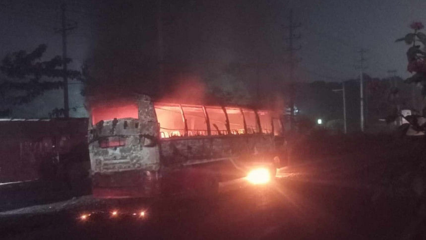 bus set on fire in Ashulia bus set on fire in Ashulia