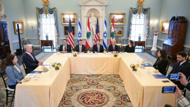 US Secretary of State Marco Rubio (C) speaks during a meeting with Lebanon's Ambassador to the US Nada Hamadeh Moawad (2R) and Israeli Ambassador to the US Yechiel Leiter (2L) at the State Department in Washington, DC, on April 14, 2026. Photo: AFP