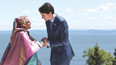 Prime Minister Sheikh Hasina is greeted by Canadian Prime Minister Justin Trudeau