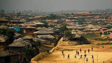 Rohingya refugees play football at Kutupalong refugee camp 