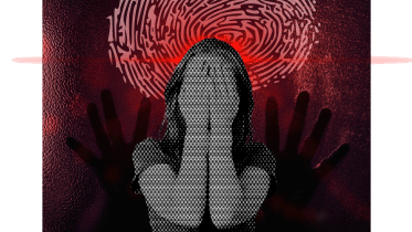 Woman covering her face in eery setting