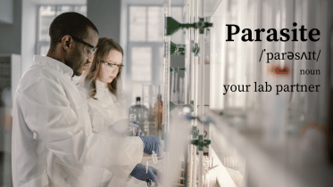 Scientists working with text imposed on top.