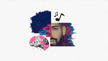 Portraits of Drake and Ice Spice torn up and cropped to represent the apparent "digitization" of their art.