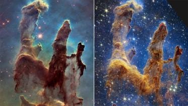 The Pillars of Creation in the Eagle Nebula - Left is Hubble's image, right is JWST's image. Credit - NASA