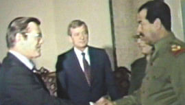 Iraqi president Saddam Hussein greets Donald Rumsfeld