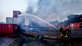 Firefighters trying to put out fire at the BM Container depot in Sitakunda