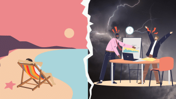An illustration where one side shows a group arguing over work and a person relaxing on the beach on the other side An illustration where one side shows a group arguing over work and a person relaxing on the beach on the other side