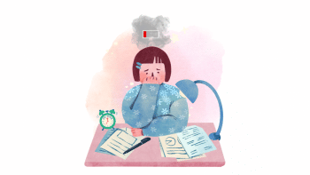 Person drained by cramming for exams.