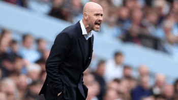 Erik ten Hag screaming instructions to his players from the touchline.