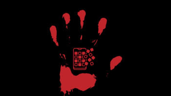 A call to end the cycle of revenge politics bloodied hand with phone in middle of palm,