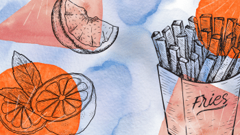 Vintage illustrations of lemons and fries against a watercolour background