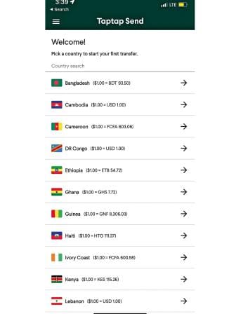 Taptap Send mobile app interface