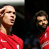 Liverpool's Darwin Nunez (L) celebrates scoring their first goal and Mohamed Salah (R) celebrates scoring their second goal.   Liverpool's Darwin Nunez (L) celebrates scoring their first goal and Mohamed Salah (R) celebrates scoring their second goal.