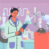 An illustration of a woman with cat ears and a tail looking at a mouse in a lab An illustration of a woman with cat ears and a tail looking at a mouse in a lab