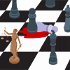 Chessboard with multiple chess pieces surrounding and isolating one, and lady justice serving as a chess piece with no impact,
