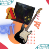 Collage consisting of Bangla alphabets, an album cover, and guitar amidst other elements.