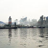 Heavy smog over a dock.