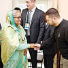 Find a way to end Russia-Ukraine war Ukraine’s President Volodymyr Zelenskiy greets Prime Minister Sheikh Hasina before their meeting at the Munich Security Conference yesterday.