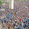 Students break through a police barricade in the capital’s Shahbagh around 5:30pm yesterday during a demonstration demanding reforms of the quota system in government jobs. Students from different public universities and colleges have been staging protest