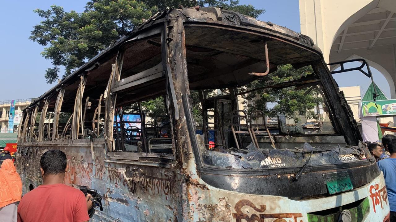 A bus was torched in front of Baitul Mokarram. 