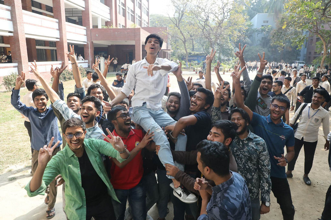 Students rejoice after receiving their HSC results. Photo: Palash Khan