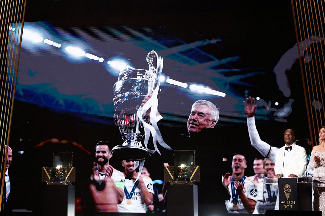 Real Madrid's Italian coach Carlo Ancelotti (screen) receives the Johan Cruyff Best Male Club team's Head Coach of the Year trophy during the 2024 Ballon d'Or France Football award ceremony at the Theatre du Chatelet in Paris on October 28, 2024. PHOTO: AFP