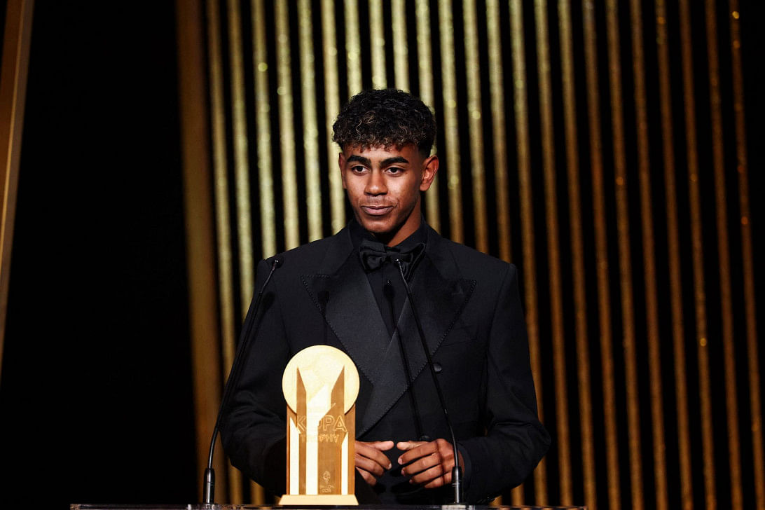 Barcelona's Spanish forward Lamine Yamal receives the Kopa Trophy for best under-21 player during the 2024 Ballon d'Or France Football award ceremony at the Theatre du Chatelet in Paris on October 28, 2024. PHOTO: AFP