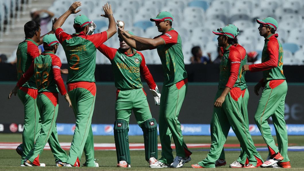 Bangladesh teammates celebrate Bangladesh teammates celebrate