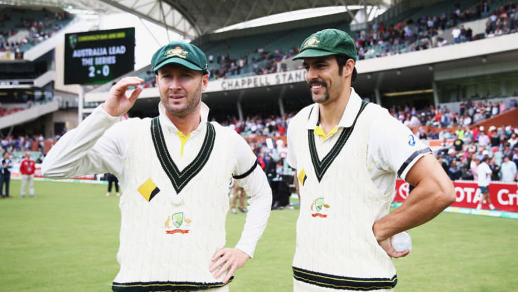 Michael Clarke and Mitchell Johnson share a light moment Michael Clarke and Mitchell Johnson share a light moment