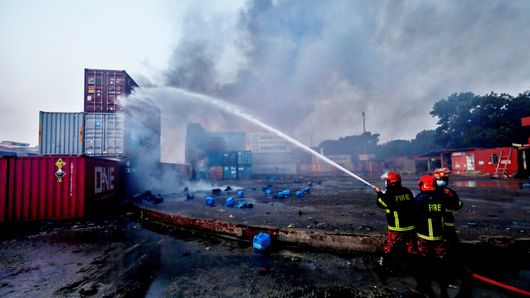 Firefighters trying to put out fire at the BM Container depot in Sitakunda