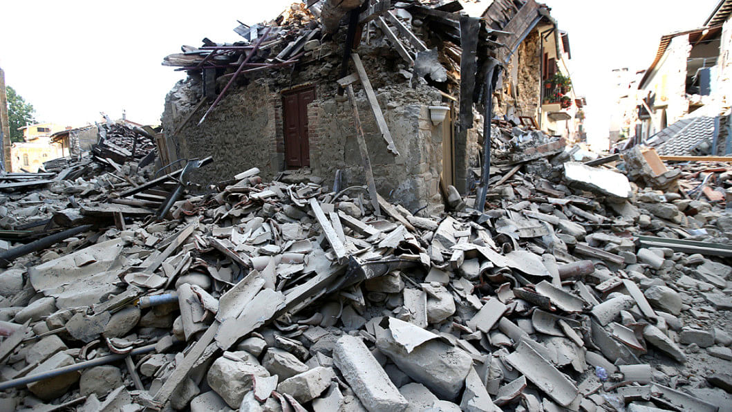 A collapsed house seen after quake quake, earthquake, disaster, Italy,