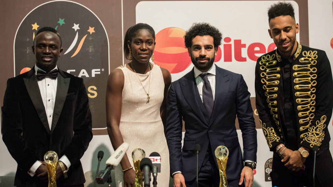 Sadio Mane, Nigeria's Asisat Oshoala, Mohamed Salah and Pierre-Emerick Aubameyang Sadio Mane, Nigeria's Asisat Oshoala, Mohamed Salah and Pierre-Emerick Aubameyang