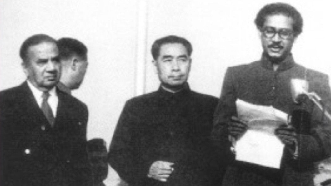 Rahman with his mentor H. S. Suhrawardy and Chinese premier Zhou Enlai in Dhaka, 1957 Rahman with his mentor H. S. Suhrawardy and Chinese premier Zhou Enlai in Dhaka, 1957