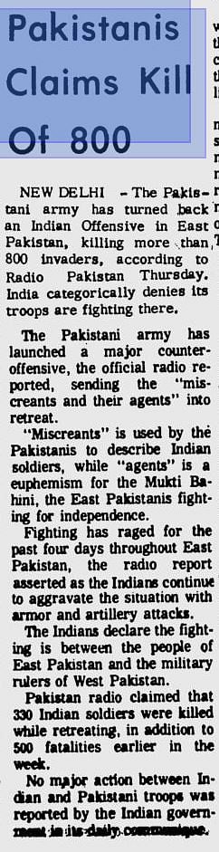 Pakistan Claimes Kill of 800_Daily News_Nov 26, 1971