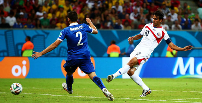 Bryan Ruiz of Costa Rica scores his team's first goal during their 2014 FIFA World Cup Brazil Round of 16 match against Greece at Arena Pernambuco on June 29, 2014 in Recife, Brazil. Photo: Getty Images