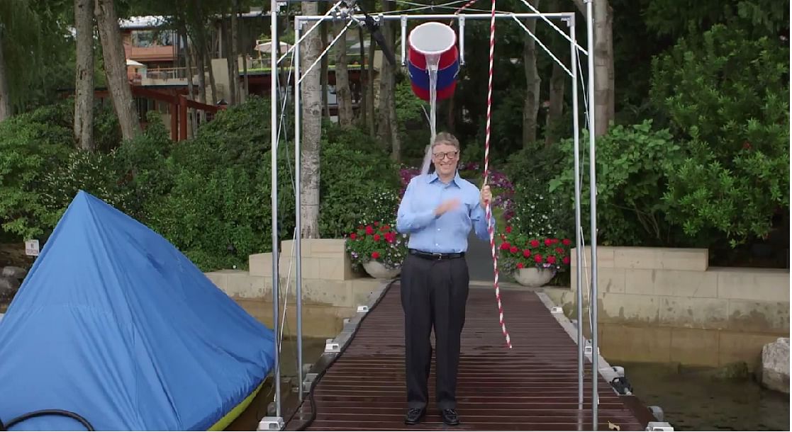 Microsoft CEO Bill Gates takes Facebook founder Mark Zuckerberg's ALS ice water challenge in the most Nerdiest way possible. Photo: YouTube grab