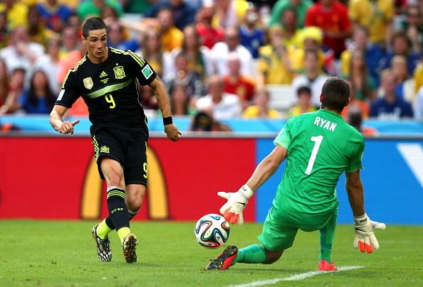 Fernando Torres of Spain scores the team's second goal during the 2014 FIFA World Cup Brazil Group B match between Australia and Spain at Arena da Baixada on June 23, 2014 in Curitiba, Brazil. Photo: Getty Images