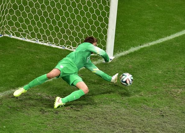 Netherlands' goalkeeper Tim Krul makes a save during the penalty shout out of a quarter-final football match between Netherlands and Costa Rica at the Fonte Nova Arena in Salvador during the 2014 FIFA World Cup on July 5, 2014. Photo: Getty Images